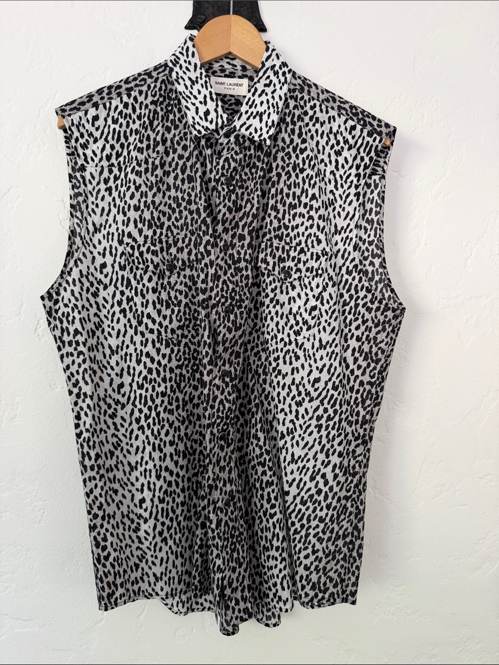 Saint Laurent Black and White Leopard Print Sleeveless Button-Down Shirt